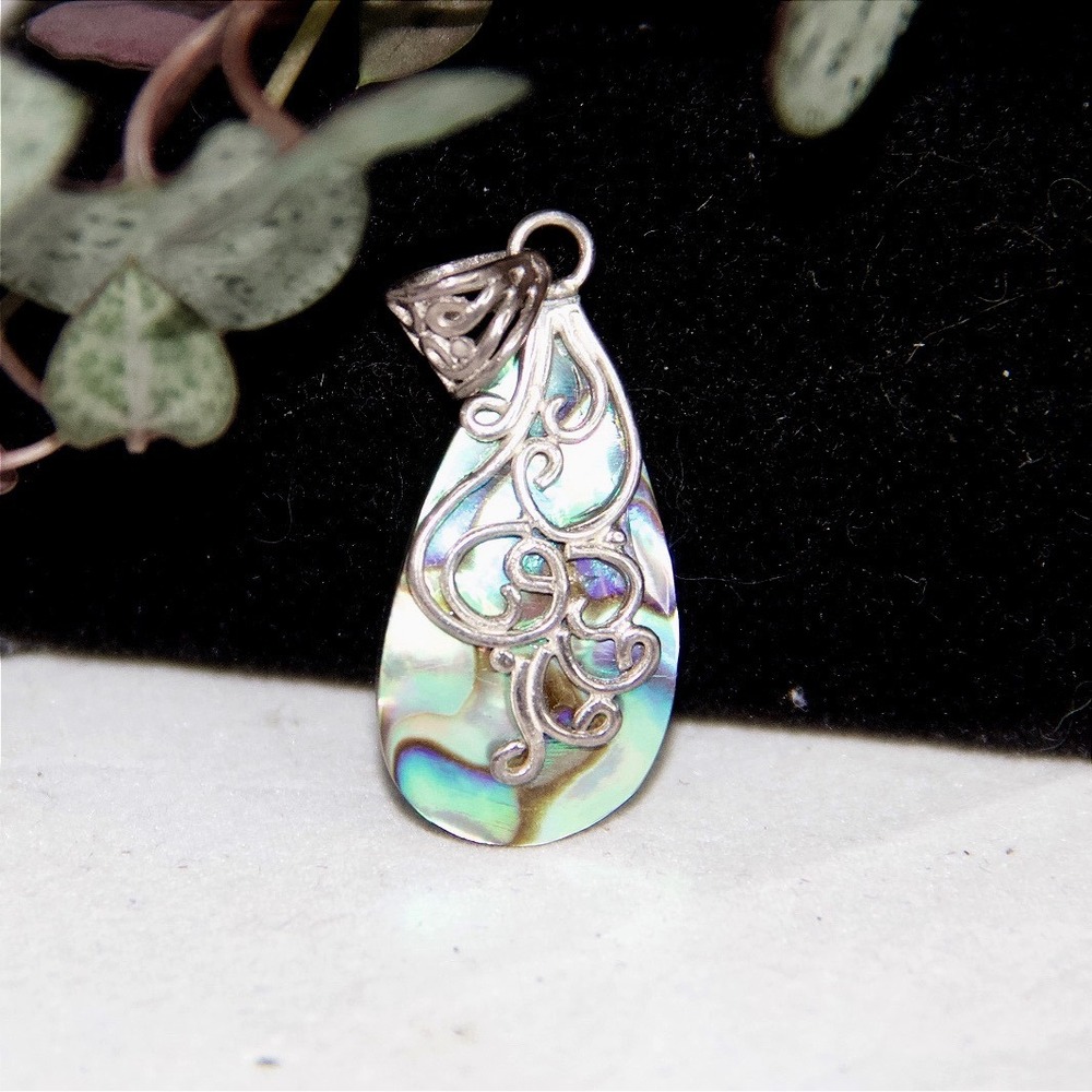 Sterling‎ Silver Abalone Shell Filigree Teardrop Pendant 925 Iridescent Jewelry